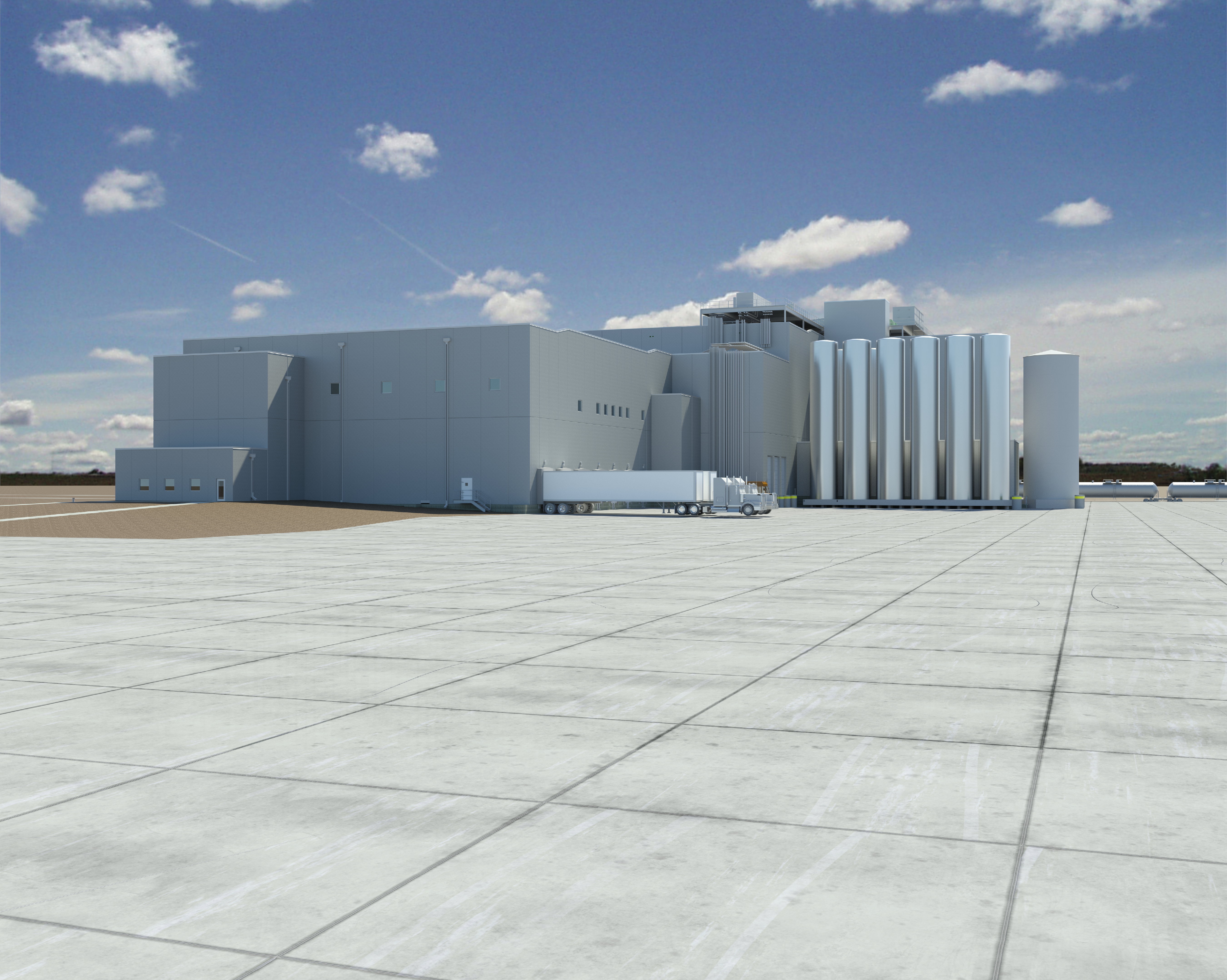 3D rendering of a large industrial facility with silos and a truck in a climate-resilient design context, reflecting KC Engineering's expertise in structural engineering and building upgrades.