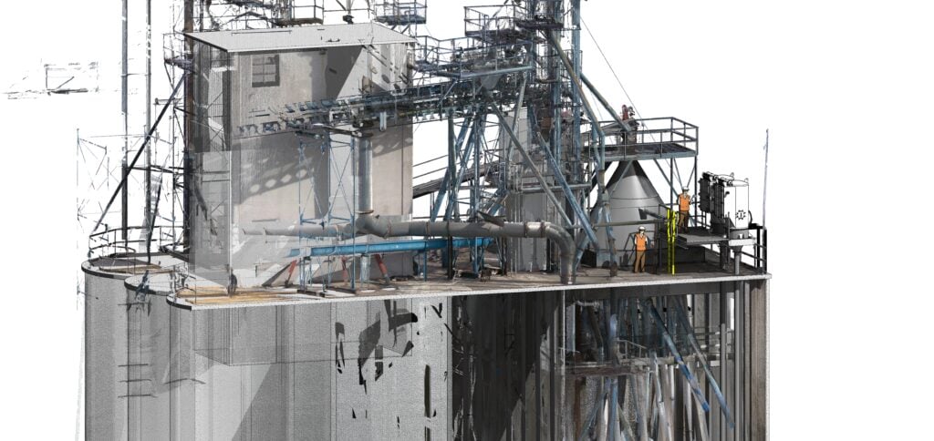 3D laser-scanned model of industrial facility with detailed structural elements, showcasing precision for BIM processes in construction and renovation projects.