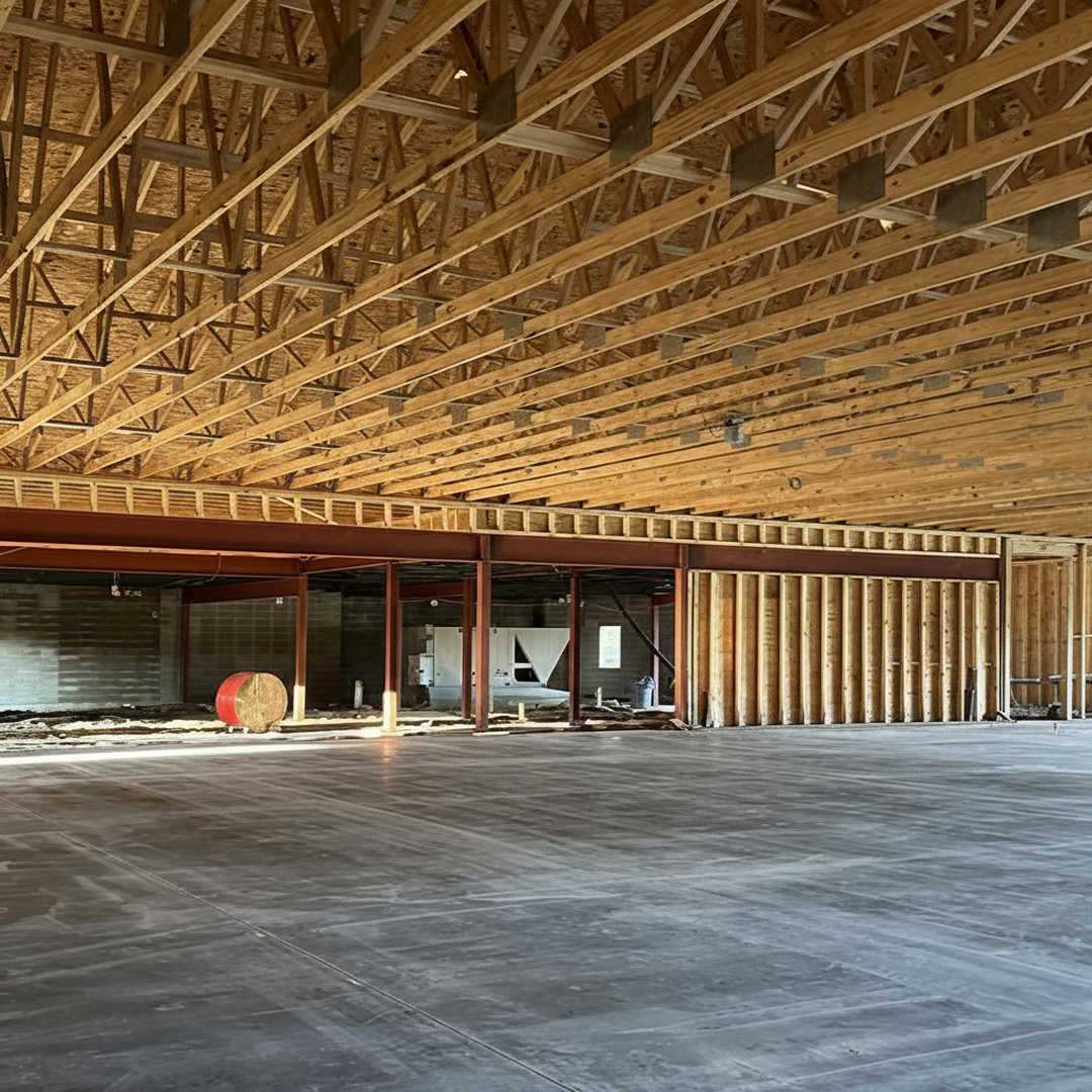 Interior construction site showcasing exposed wooden trusses and steel beams, emphasizing structural elements for architectural efficiency and design feasibility.